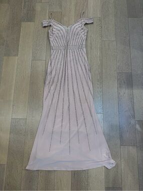 Elegant Off-Shoulder Beaded Evening Dress in Blush Pink by Aqua